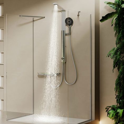 HOROW Regendusche Set mit Thermostatarmatur, Chrom Duschset Duschsystem mit 4 Massage-Modi, Klappbares Duschset, Höhenverstellbar, für Badewannen