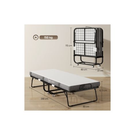 Lit d'appoint pliant blanc et noir en acier et mousse avec roulettes et matelas, 200 x 75 x 42,5 cm, pour chambre d'amis et bureau (1/5)
