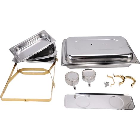 RéChaud Buffet Inox 3 Compartiments Doré - Acier Épaissi Qualité Alimentaire, Bords Roulés Sécurité, 2 Réchauds Alcool - Pour Traiteur, Mariage, Banquet, Hôtel - Acier Inoxydable - Doré - Avec Kit Acc (1/5)