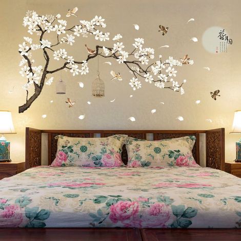 Stickers Muraux Branche de Fleur Autocollants Muraux Fleur Rose de Style Chinois Sticker Mural Fleurs Arbre Oiseaux pour Salons Chambres Bureaux Canapé Fond Décoration Murale (1/5)