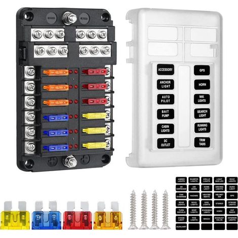 12 Way Fuse Box, 12V Fuse Holder, 12 LED Indicators, Waterproof Protective Cover, Car Blade Fuse Box with 24 Blade Fuses (1/5)
