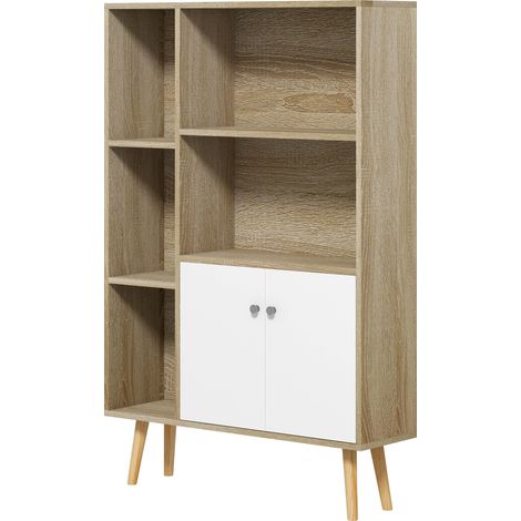 Bibliothèque scandinave meuble de rangement dim. 80L x 23,5l x 123H cm 5 niches placard 2 portes pieds effilés inclinés (1/5)