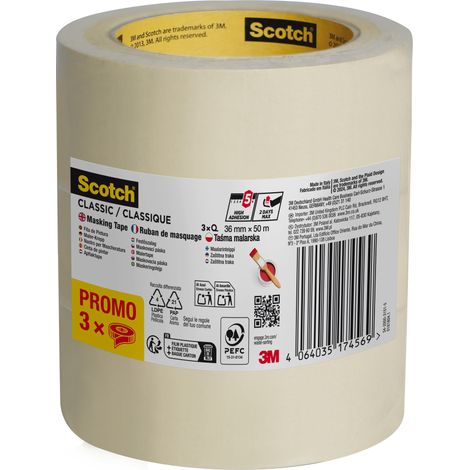 3 lots de 3 rubans de masquage Scotch® classique, 36 mm x 50 m, soit 9 rouleaux, 70% de matériau certifié PEFC, SGSCH-PEFC-COC-110078 (1/6)