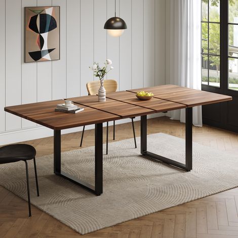 Mesa de comedor extensible con 3 longitudes, 140/180/220 x 80 cm, apta para 6-10 personas, forma rectangular, patas de metal, estilo sencillo, mesa para comedor o cocina, color nogal. (1/5)