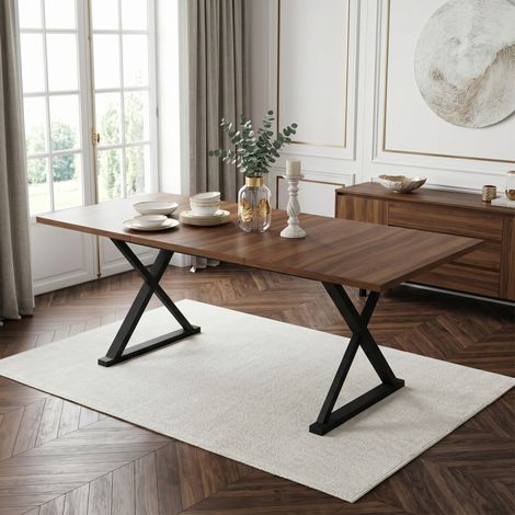 Tavolo da pranzo 180 x 90 x 75 cm, stile moderno, piano in MDF noce e gambe metalliche a X (1/5)