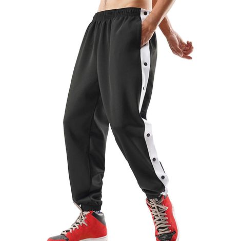 Herren-Jogginghose mit mittelhohem Bund, Knopfleiste und Einsätzen, Basketball-/Trainingsstil – Größe L – Schwarz