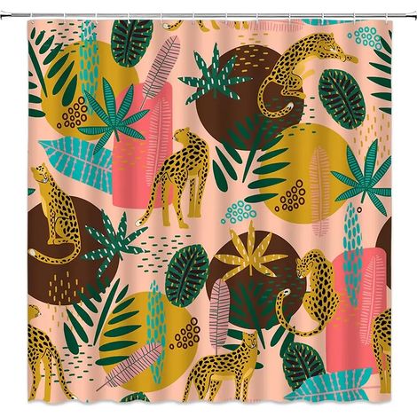Rideau de douche bohème guépard, rideau de bain léopard tropical, rideau de salle de bain rose moderne à motif floral bleu et phases de lune, 240 x 180 cm - 94 x 70 pouces