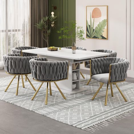 Ensemble de 6 chaises de salle à manger en velours, fauteuil pivotant de luxe à une lumière pour salon/chambre, fauteuil pivotant de détente avec quatre pieds de support en métal, gris et or