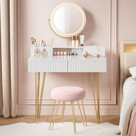 Coiffeuse avec Miroir Pivotant et Tabouret, Miroir Coiffeuse, avec Éclairage et Multiprise, Tabouret Rembourré, pour Chambre, Coiffeuse, 40 x 80 x 134,8 cm, Blanc Mat et Doré Clair RVT019W01 (1/5)