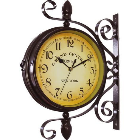 Horloge de gare rétro double face en fer forgé étanche noire (1/2)