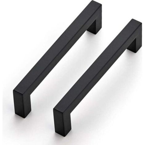 Black Furniture Handles, Set of 2, 14cm, Square, Stainless Steel, 128mm Center Distance.