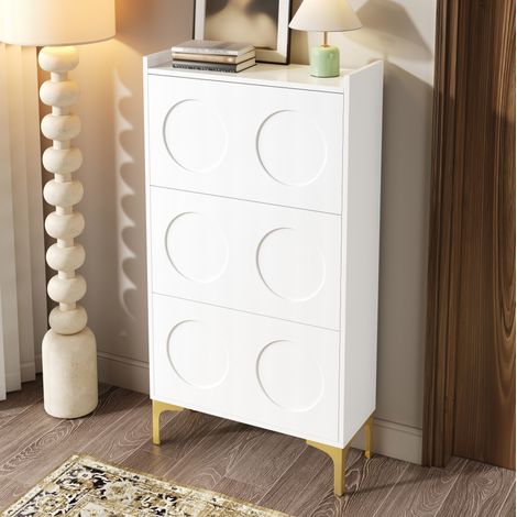 Schuhschrank MDF Weiß 63 x 24 x 120 cm, 3 geschlossene Fächer, feste Einlegeböden, platzsparendes Hochformat (1/5)