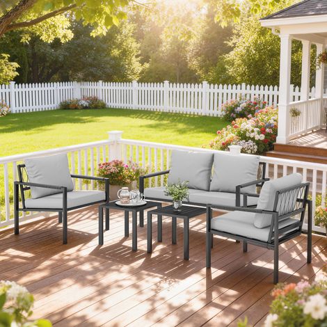 Gartenmöbel Set 4 Personen wetterfest Balkonmöbel-Set mit 2er Sofa, Sessel Sitzkissen Beistelltisch Hellgrau