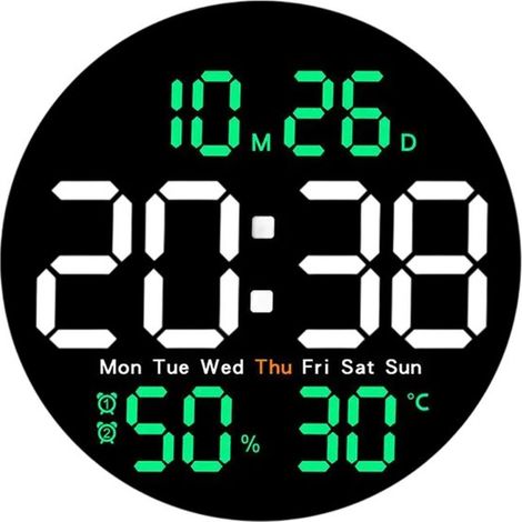 Horloge murale numérique LED Longziming 25 cm – Grande – Moderne – Lumineuse – Clair – Télécommande – Minuteur – Double alarme – Verte (1/5)