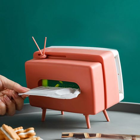 Porte-mouchoirs design télé vintage avec fente pour téléphone - Couverture pour bureau ou maison, rose (1/2)
