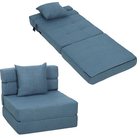Fauteuil convertible chauffeuse canapé éclairé 1 place avec 1 coussin amovible, tissu bleu foncé