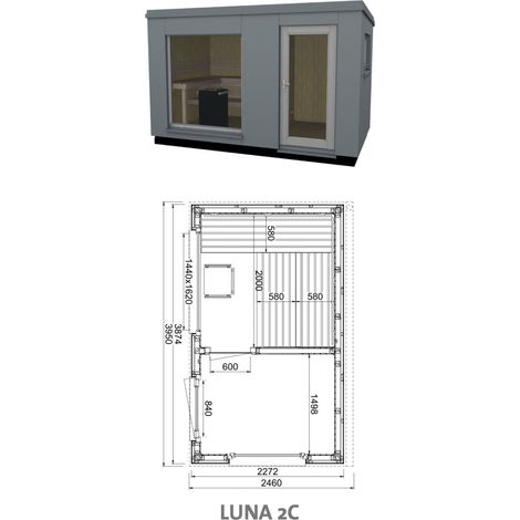 Infraworld Luna 2 Außensauna mit HPL-Platten Anthrazit versch. Fenstergrößen und Inneneinrichtung Luna 2C - Panorama-Fenster (BxH): 1440 x 1620 mm, Türe versetzt, 3 Liegen (1/5)