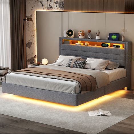 Letto matrimoniale 160x200 cm grigio in tessuto con contenitore e LED (1/5)