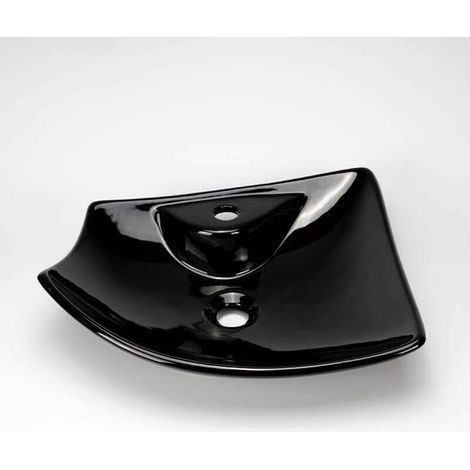 Vasque pour salle de bain avec Plage de robinetterie Céramique Noir 49cm -Feuille (1/5)