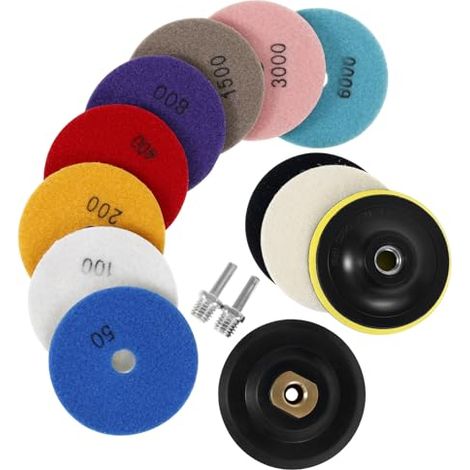 Kit de tampons de polissage diamant de 10,2 cm avec 2 tampons de 5/8" à 11, 14 pièces grain 50-6000 humide/sec pour marbre, béton, quartz, pierre, carrelage (1/4)