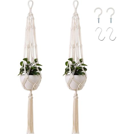 2Pcs 105cm Macramé Plante Suspension Corde Pot de Fleurs Suspendu Solide Corde de Coton Pots Support Exterieur Interieur pour Fleur Décoration Mural Balcon Jardin Style Bohême Blanc Crème (1/5)