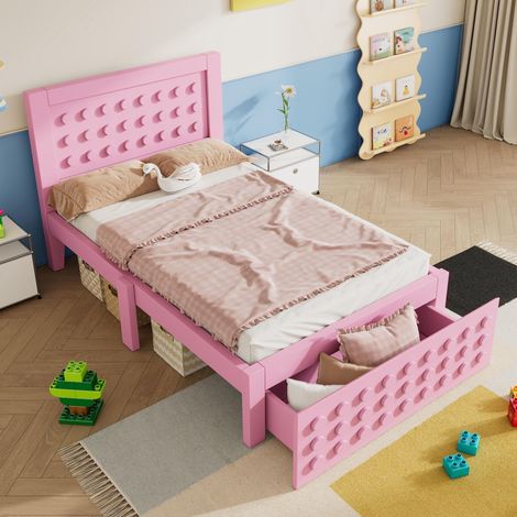 Lit simple en bois 90x200cm, lit enfant/ado au design cubique original, cadre de lit en bois massif avec sommier à lattes, tiroirs et rangement sous le lit, rose, sans matelas, garantie 2 ans (1/5)