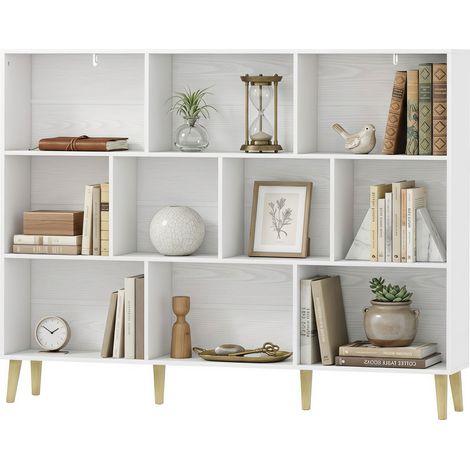 HOMCOM Libreria con 10 Scomparti, 3 Ripiani con Gambe in Legno, Bianca (1/5)
