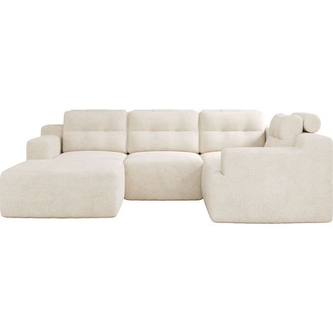 Sofá modular de 5 plazas en chenilla, respaldo alto con reposacabezas, con puff, Beige, 252 x 180 x 82 cm (1/5)