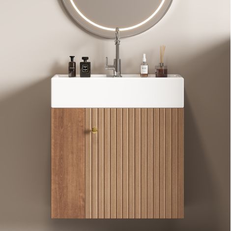 Mobile lavabo sospeso 55 cm in MDF marrone, con vano contenitore per bagno piccolo FloraGrace (1/5)