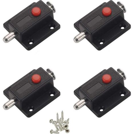 Pestillo deslizante de seguridad automático con botón de resorte para armarios, pestillos de puertas interiores y exteriores para ventanas, vestidores, dormitorios y baños - 4 piezas (Negro) (1/4)