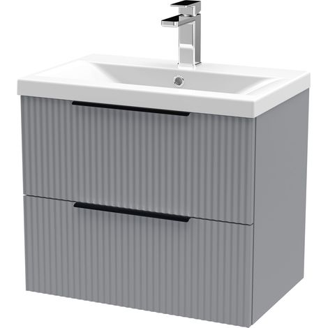 Fluted Front Wall Hung 2-Drawer Bathroom Vanity Unit with 1 Tap Hole Basin, 600mm, Satin Grey, Black Handles