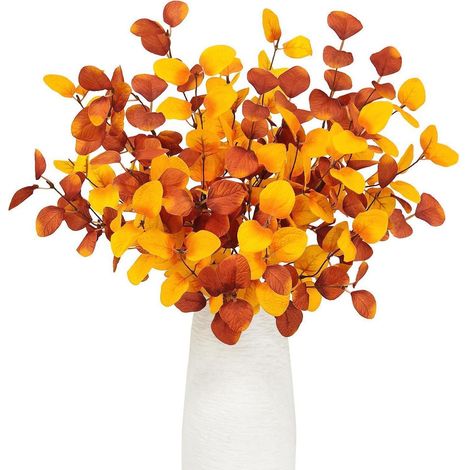 6 künstliche Eukalyptus Zweige 60cm, Herbst Deko Orange, Wetterfest (1/5)