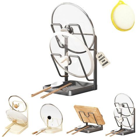 Storage rack for pot lids, multifunctional stainless steel organizer for pots and pans with removable drainer, two-compartment spatula holder.
