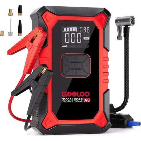 Démarreur de Batterie Voiture 3000A avec Compresseur 150 PSI et Power Bank, Booster Portable pour Véhicules 12V (Jusqu'à 9.0L Essence/6.5L Diesel), Écran Digital et LED (1/5)
