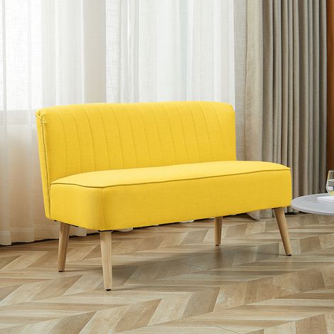 Sofá de 2 plazas en tela efecto lino sin reposabrazos con patas de madera, 117x56,5x77 cm, amarillo (1/5)