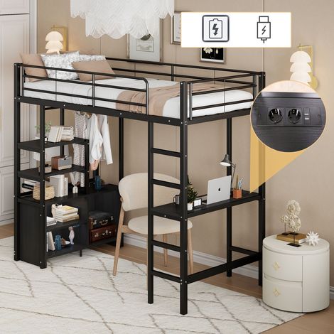 Lit mezzanine 90x200 avec bureau - Prise et USB, étagères et armoire - Structure fer robuste noire - Garde-corps et échelle (sans Matelas) (1/5)
