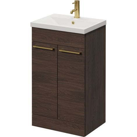 Napoli 390 Brown Oak 500mm 2 Door Vanity Unit with Glide Basin - 500mm - Brushed Brass 160mm Handle