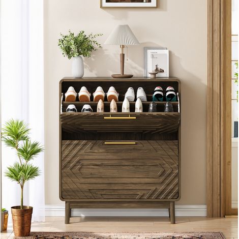 Scarpiera freestanding in MDF colore noce 80 x 24 x 95 cm con 2 ante a ribalta e vano aperto OKWISH (1/5)