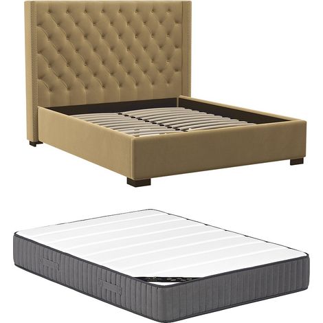 Lit 180 x 200 cm avec tête de lit capitonnée - Tissu - Beige + Matelas - MASSIMO II