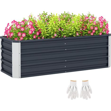 Jardinière surélevée en acier, bac à fleurs, pot de fleurs avec gants, gris anthracite, 125 x 47 x 44 cm
