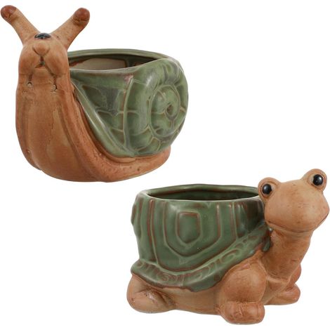 Pot de Succulentes en Céramique Motif Tortue et Escargot, Lot de 2 Pots Trou de Drainage pour Balcon et Décoration Intérieure (1/5)