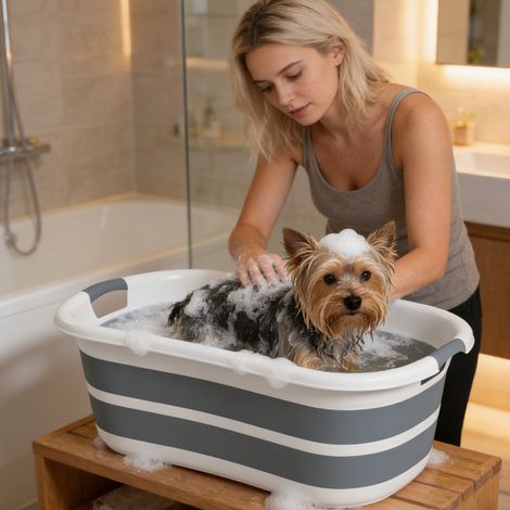 Baignoire pour chien pliable grise avec trou de vidange, légère et transportable, parfaite pour chiots et petits chiens, usage intérieur et extérieur. (1/5)