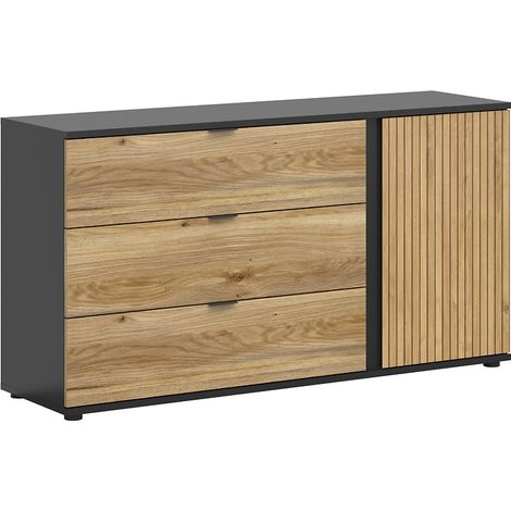 Commode Buffet avec 1 porte décor lamelles et 3 tiroirs ,coloris Chêne/Noir - Longueur 143,5 x Profondeur 39,5 x Hauteur 76,5 cm (1/5)