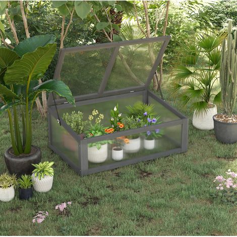 Mini serra da giardino in legno 100x65x40 cm con copertura in policarbonato UV inclinata, ventilazione, grigia (1/5)