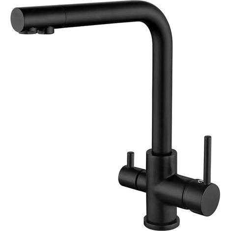 Mitigeur de cuisine 3 voies noir mat, rotation 360°, robinet évier avec sortie eau filtrée et douchette (1/2)