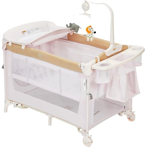 Cuna para bebé, superficie de juego multifuncional, almacenamiento práctico, color caqui. (1/2)