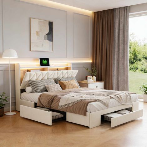 Letto matrimoniale 140x200 cm beige con cassetti e LED regolabile, letto matrimoniale moderno, struttura in legno e metallo