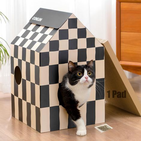Cabane Chat Intérieur 33x32x50cm, Maison Carton avec Griffoir (1/5)