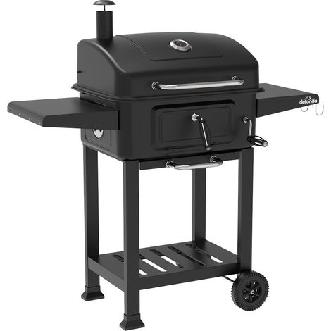 Dellonda DG283 Charcoal Grill BBQ Smoker and Trolley with 2 Side Shelves - Black