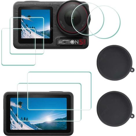 Protector de pantalla para DJI Osmo Action 5 Pro + tapa de lente [2 + 6 piezas], 0,3 mm, dureza 9H, protección de vidrio templado, antiarañazos, antiburbujas.